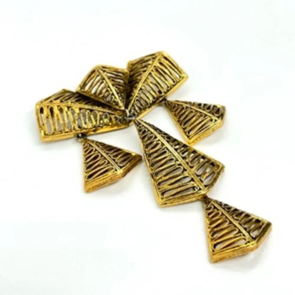 VINTAGE VENDOME BROOCH Articulated Gold Tone Modernist Geometric Dangle Pin